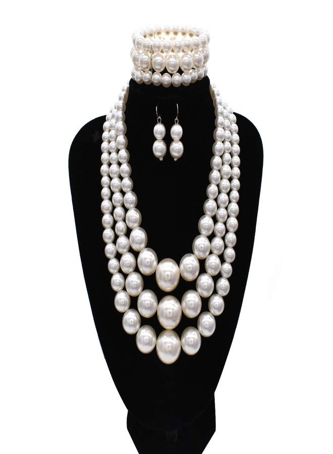 CIOOU A-White Chunky Faux Pearl Necklace and Earring Set - Large Costume Jewelry for Women - 1920s Gatsby Accessories - Image 2